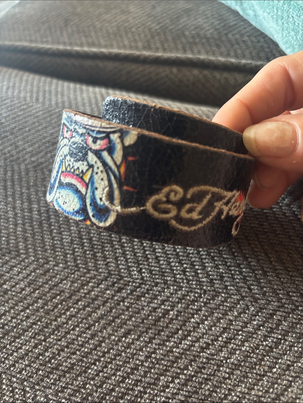 Ed Hardy Black Leather Bulldog Cuff leather bracelet with Tattoo Art adjustable